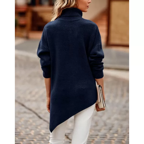 imageBTFBM Women Long Sleeve Turtleneck Knit Sweater Asymmetric Hem Oversized Fall Winter Sweaters Casual Pullover JumperSolid Navy