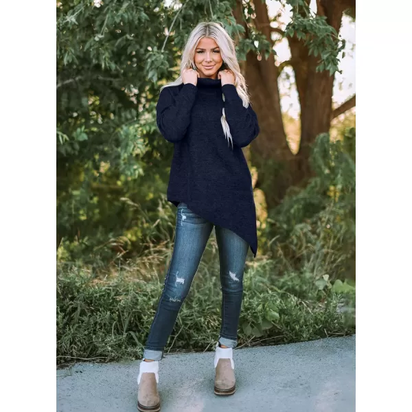 imageBTFBM Women Long Sleeve Turtleneck Knit Sweater Asymmetric Hem Oversized Fall Winter Sweaters Casual Pullover JumperSolid Navy