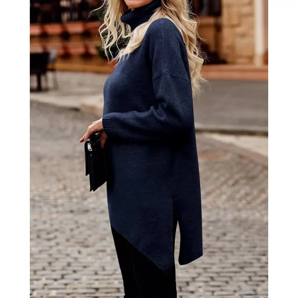 imageBTFBM Women Long Sleeve Turtleneck Knit Sweater Asymmetric Hem Oversized Fall Winter Sweaters Casual Pullover JumperSolid Navy