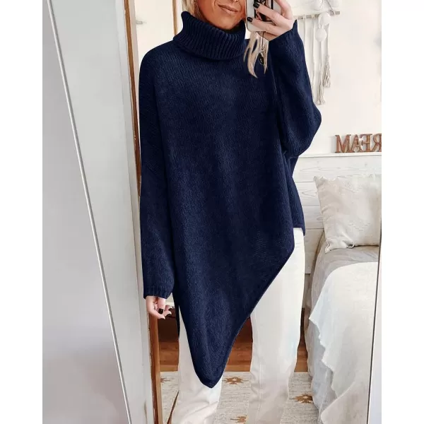 imageBTFBM Women Long Sleeve Turtleneck Knit Sweater Asymmetric Hem Oversized Fall Winter Sweaters Casual Pullover JumperSolid Navy