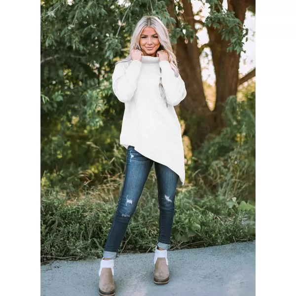 imageBTFBM Women Long Sleeve Turtleneck Knit Sweater Asymmetric Hem Oversized Fall Winter Sweaters Casual Pullover JumperSolid White