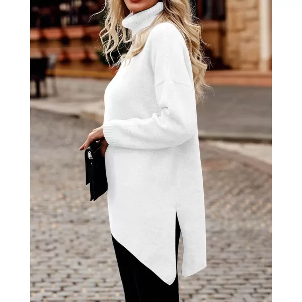 imageBTFBM Women Long Sleeve Turtleneck Knit Sweater Asymmetric Hem Oversized Fall Winter Sweaters Casual Pullover JumperSolid White