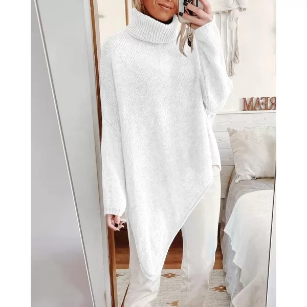 imageBTFBM Women Long Sleeve Turtleneck Knit Sweater Asymmetric Hem Oversized Fall Winter Sweaters Casual Pullover JumperSolid White