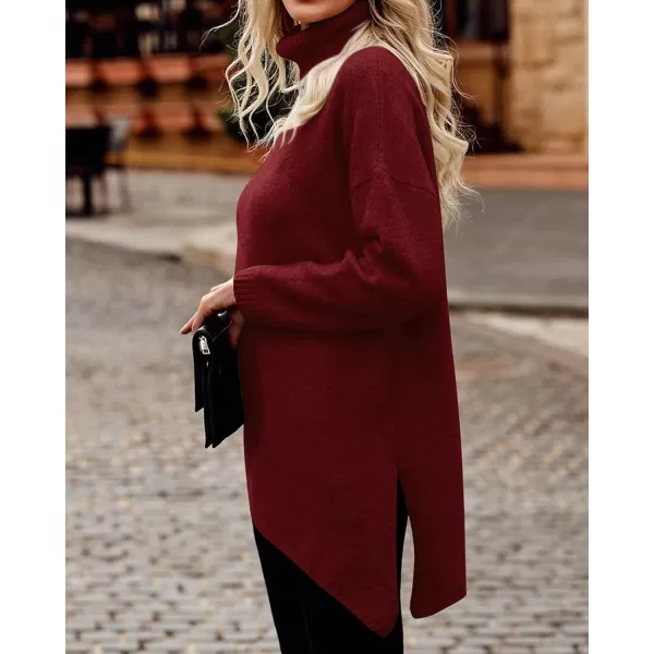 imageBTFBM Women Long Sleeve Turtleneck Knit Sweater Asymmetric Hem Oversized Fall Winter Sweaters Casual Pullover JumperSolid Wine Red