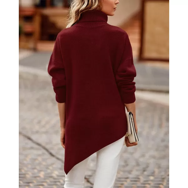imageBTFBM Women Long Sleeve Turtleneck Knit Sweater Asymmetric Hem Oversized Fall Winter Sweaters Casual Pullover JumperSolid Wine Red