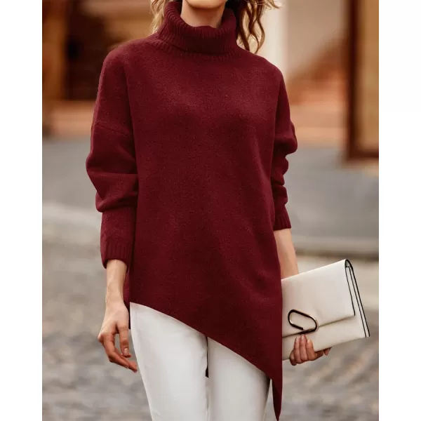 imageBTFBM Women Long Sleeve Turtleneck Knit Sweater Asymmetric Hem Oversized Fall Winter Sweaters Casual Pullover JumperSolid Wine Red