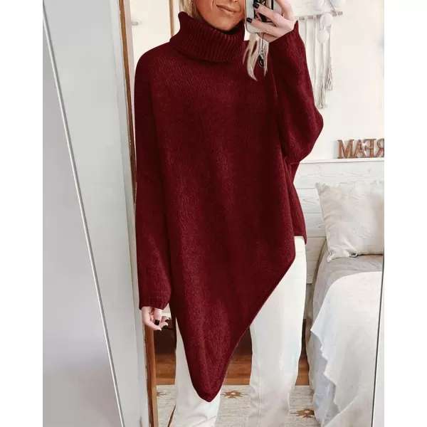 imageBTFBM Women Long Sleeve Turtleneck Knit Sweater Asymmetric Hem Oversized Fall Winter Sweaters Casual Pullover JumperSolid Wine Red