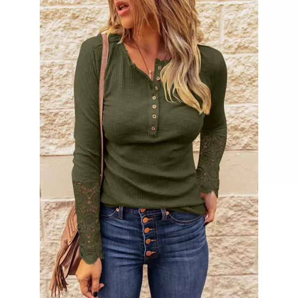 imageBTFBM Women Long Sleeve V Neck Button Up Solid Tops Blouses Trendy Slim Fit Lace Sleeves Ribbed Knit Casual Shirts TunicLace Amry Green