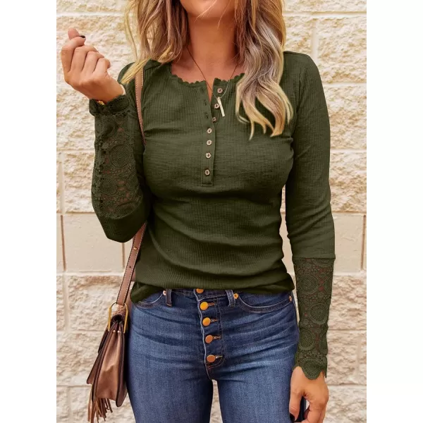 imageBTFBM Women Long Sleeve V Neck Button Up Solid Tops Blouses Trendy Slim Fit Lace Sleeves Ribbed Knit Casual Shirts TunicLace Amry Green