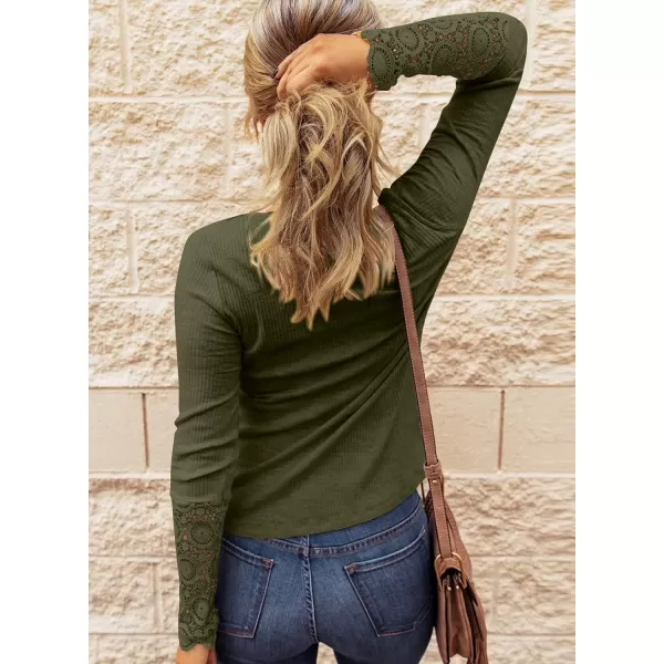 imageBTFBM Women Long Sleeve V Neck Button Up Solid Tops Blouses Trendy Slim Fit Lace Sleeves Ribbed Knit Casual Shirts TunicLace Amry Green