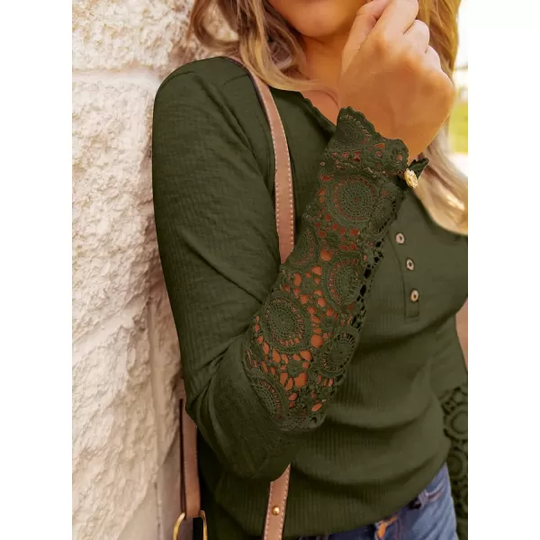 imageBTFBM Women Long Sleeve V Neck Button Up Solid Tops Blouses Trendy Slim Fit Lace Sleeves Ribbed Knit Casual Shirts TunicLace Amry Green