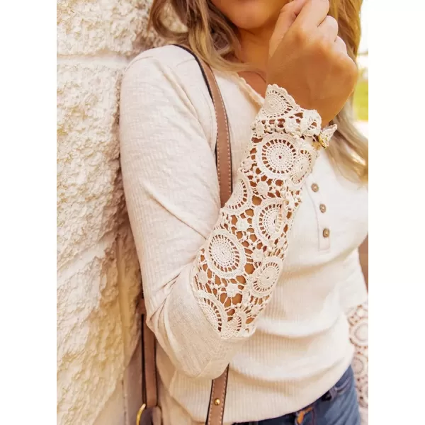 imageBTFBM Women Long Sleeve V Neck Button Up Solid Tops Blouses Trendy Slim Fit Lace Sleeves Ribbed Knit Casual Shirts TunicLace Beige