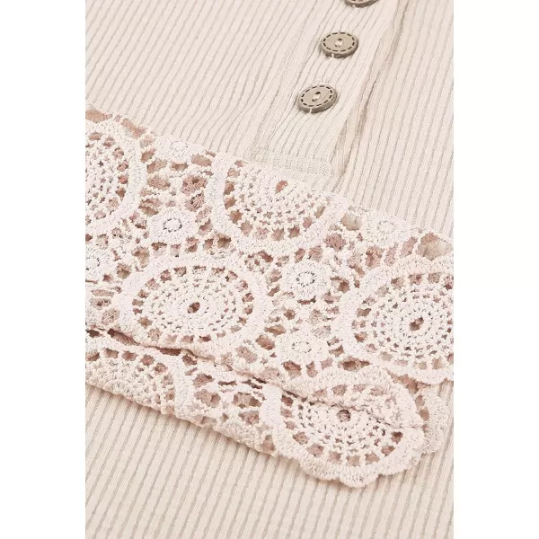 imageBTFBM Women Long Sleeve V Neck Button Up Solid Tops Blouses Trendy Slim Fit Lace Sleeves Ribbed Knit Casual Shirts TunicLace Beige