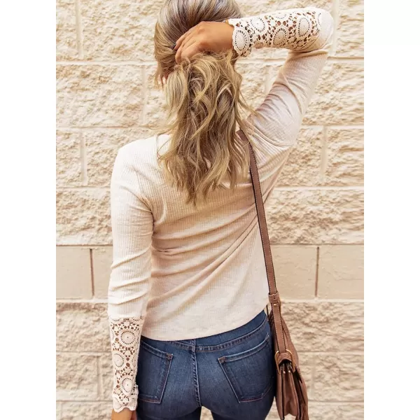 imageBTFBM Women Long Sleeve V Neck Button Up Solid Tops Blouses Trendy Slim Fit Lace Sleeves Ribbed Knit Casual Shirts TunicLace Beige