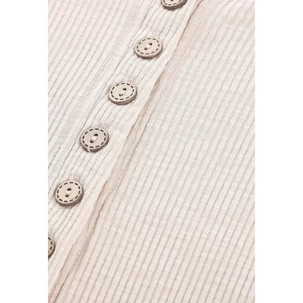 imageBTFBM Women Long Sleeve V Neck Button Up Solid Tops Blouses Trendy Slim Fit Lace Sleeves Ribbed Knit Casual Shirts TunicLace Beige