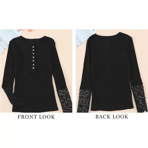 imageBTFBM Women Long Sleeve V Neck Button Up Solid Tops Blouses Trendy Slim Fit Lace Sleeves Ribbed Knit Casual Shirts TunicLace Black