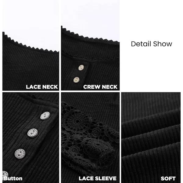 imageBTFBM Women Long Sleeve V Neck Button Up Solid Tops Blouses Trendy Slim Fit Lace Sleeves Ribbed Knit Casual Shirts TunicLace Black