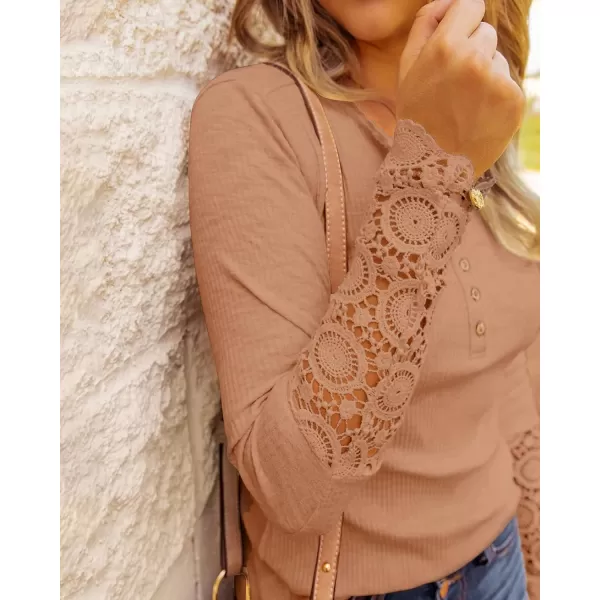 imageBTFBM Women Long Sleeve V Neck Button Up Solid Tops Blouses Trendy Slim Fit Lace Sleeves Ribbed Knit Casual Shirts TunicLace Camel