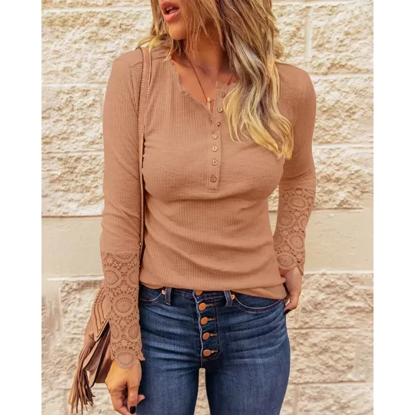 imageBTFBM Women Long Sleeve V Neck Button Up Solid Tops Blouses Trendy Slim Fit Lace Sleeves Ribbed Knit Casual Shirts TunicLace Camel