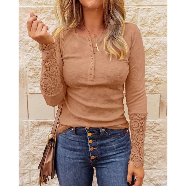 imageBTFBM Women Long Sleeve V Neck Button Up Solid Tops Blouses Trendy Slim Fit Lace Sleeves Ribbed Knit Casual Shirts TunicLace Camel