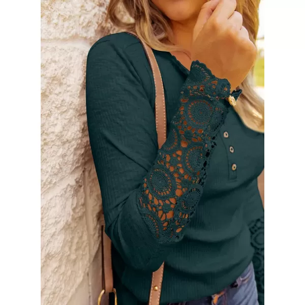 imageBTFBM Women Long Sleeve V Neck Button Up Solid Tops Blouses Trendy Slim Fit Lace Sleeves Ribbed Knit Casual Shirts TunicLace Dark Green