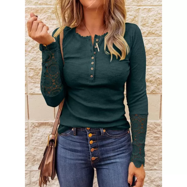 imageBTFBM Women Long Sleeve V Neck Button Up Solid Tops Blouses Trendy Slim Fit Lace Sleeves Ribbed Knit Casual Shirts TunicLace Dark Green