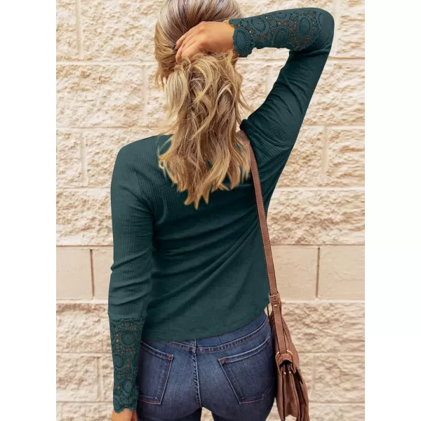 imageBTFBM Women Long Sleeve V Neck Button Up Solid Tops Blouses Trendy Slim Fit Lace Sleeves Ribbed Knit Casual Shirts TunicLace Dark Green