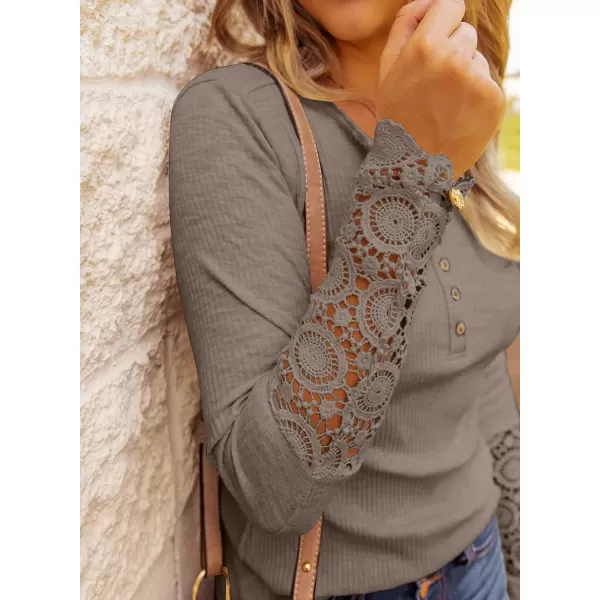 imageBTFBM Women Long Sleeve V Neck Button Up Solid Tops Blouses Trendy Slim Fit Lace Sleeves Ribbed Knit Casual Shirts TunicLace Dark Khaki