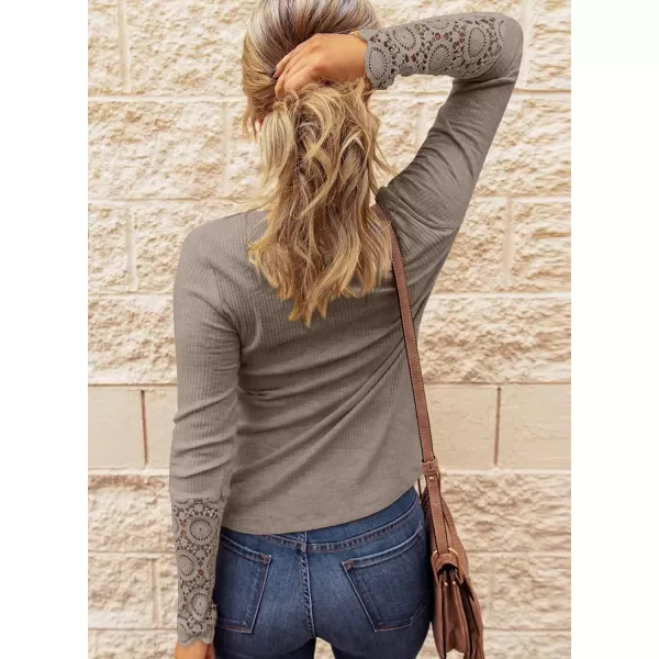 imageBTFBM Women Long Sleeve V Neck Button Up Solid Tops Blouses Trendy Slim Fit Lace Sleeves Ribbed Knit Casual Shirts TunicLace Dark Khaki