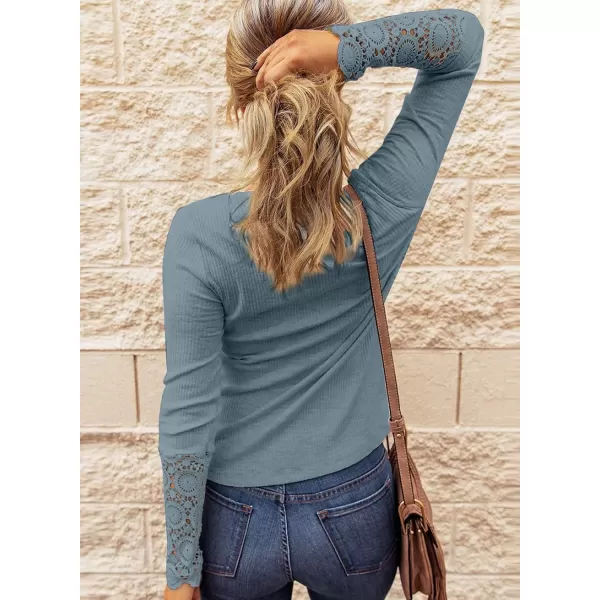 imageBTFBM Women Long Sleeve V Neck Button Up Solid Tops Blouses Trendy Slim Fit Lace Sleeves Ribbed Knit Casual Shirts TunicLace Grey