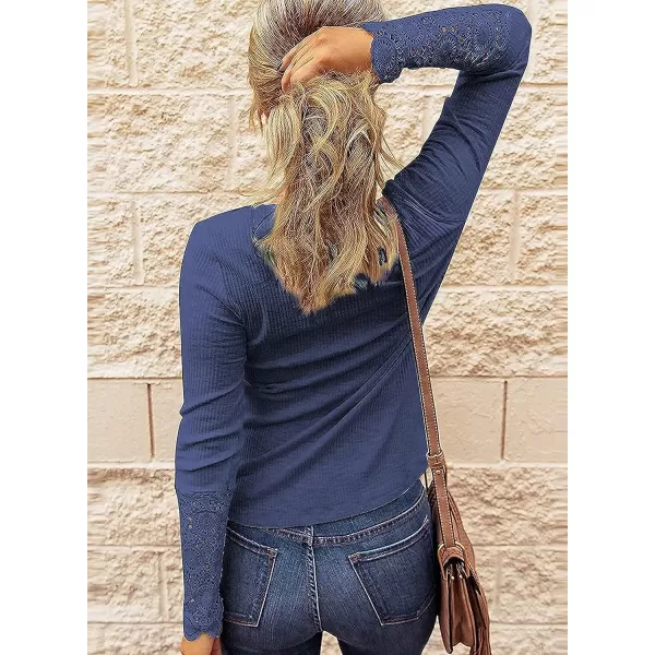 imageBTFBM Women Long Sleeve V Neck Button Up Solid Tops Blouses Trendy Slim Fit Lace Sleeves Ribbed Knit Casual Shirts TunicLace Navy