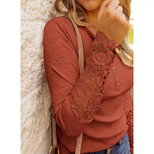 imageBTFBM Women Long Sleeve V Neck Button Up Solid Tops Blouses Trendy Slim Fit Lace Sleeves Ribbed Knit Casual Shirts TunicLace Orange
