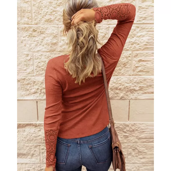 imageBTFBM Women Long Sleeve V Neck Button Up Solid Tops Blouses Trendy Slim Fit Lace Sleeves Ribbed Knit Casual Shirts TunicLace Orange
