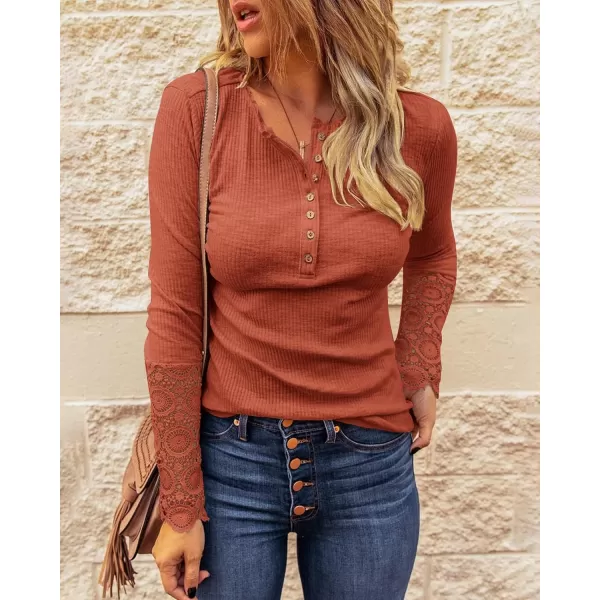 imageBTFBM Women Long Sleeve V Neck Button Up Solid Tops Blouses Trendy Slim Fit Lace Sleeves Ribbed Knit Casual Shirts TunicLace Orange