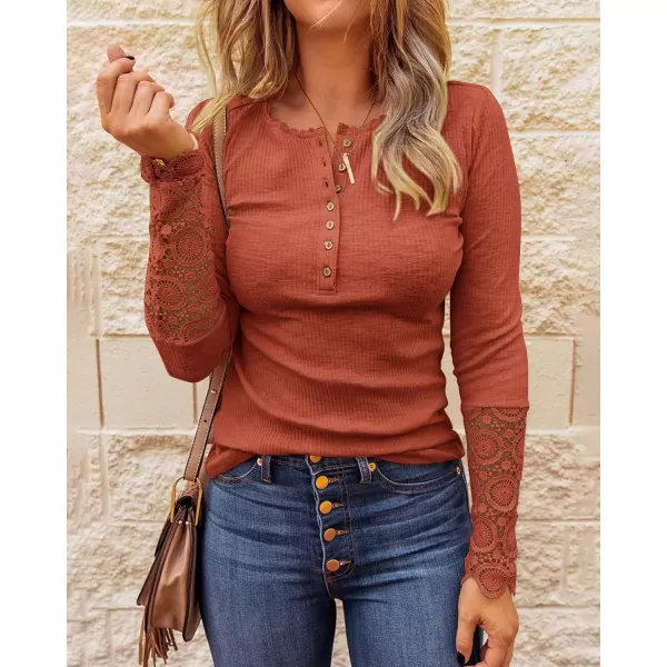 imageBTFBM Women Long Sleeve V Neck Button Up Solid Tops Blouses Trendy Slim Fit Lace Sleeves Ribbed Knit Casual Shirts TunicLace Orange