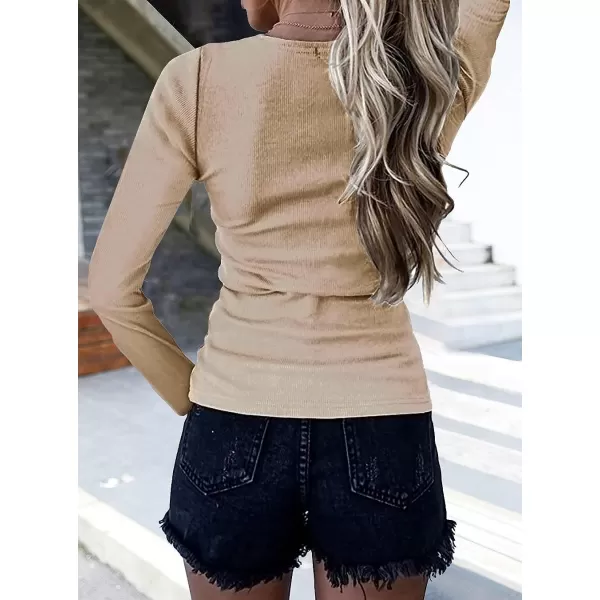 imageBTFBM Women Long Sleeve V Neck Button Up Solid Tops Blouses Trendy Slim Fit Lace Sleeves Ribbed Knit Casual Shirts TunicSolid Apricot