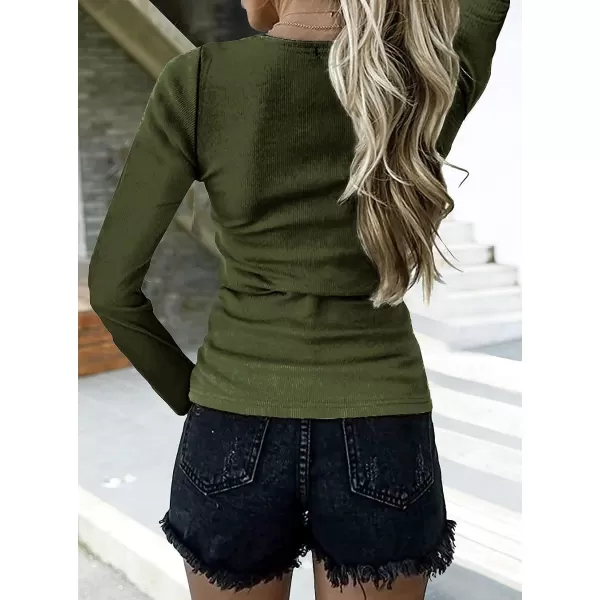 imageBTFBM Women Long Sleeve V Neck Button Up Solid Tops Blouses Trendy Slim Fit Lace Sleeves Ribbed Knit Casual Shirts TunicSolid Army Green