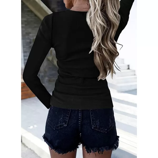 imageBTFBM Women Long Sleeve V Neck Button Up Solid Tops Blouses Trendy Slim Fit Lace Sleeves Ribbed Knit Casual Shirts TunicSolid Black