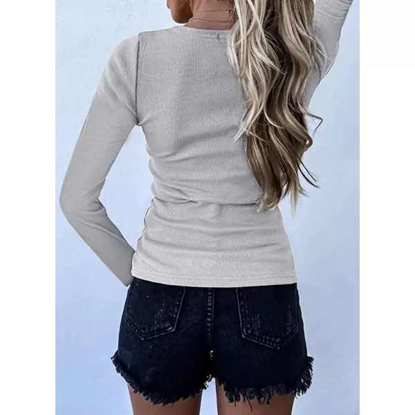 imageBTFBM Women Long Sleeve V Neck Button Up Solid Tops Blouses Trendy Slim Fit Lace Sleeves Ribbed Knit Casual Shirts TunicSolid Grey