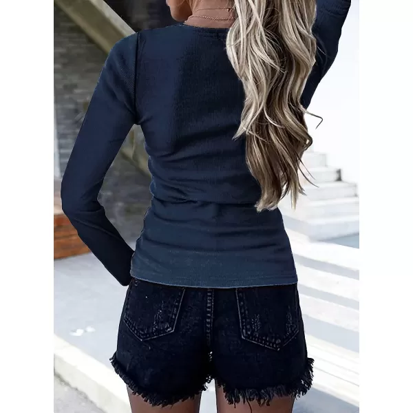 imageBTFBM Women Long Sleeve V Neck Button Up Solid Tops Blouses Trendy Slim Fit Lace Sleeves Ribbed Knit Casual Shirts TunicSolid Navy