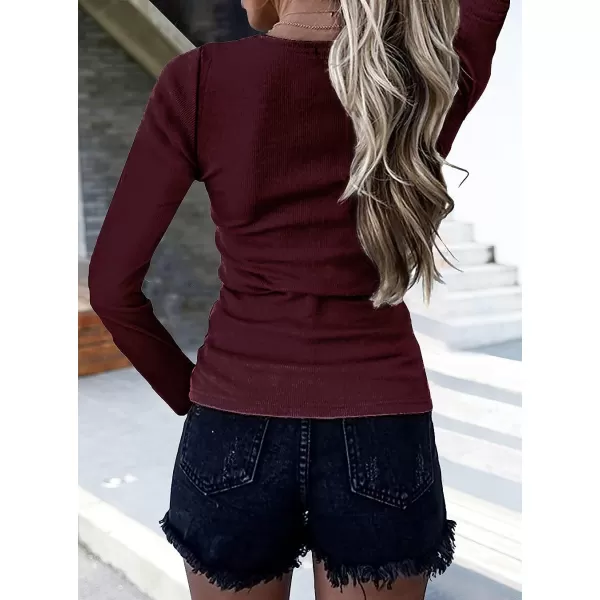 imageBTFBM Women Long Sleeve V Neck Button Up Solid Tops Blouses Trendy Slim Fit Lace Sleeves Ribbed Knit Casual Shirts TunicSolid Wine Red