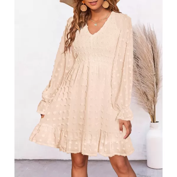 imageBTFBM Women Long Sleeve V Neck Smocked Short Dress Flowy Casual SwissDot Ruffle Mini Babydoll Summer Fall Dresses 2023Solid Apricot