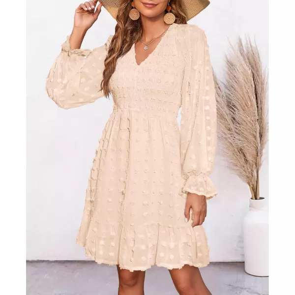 imageBTFBM Women Long Sleeve V Neck Smocked Short Dress Flowy Casual SwissDot Ruffle Mini Babydoll Summer Fall Dresses 2023Solid Apricot