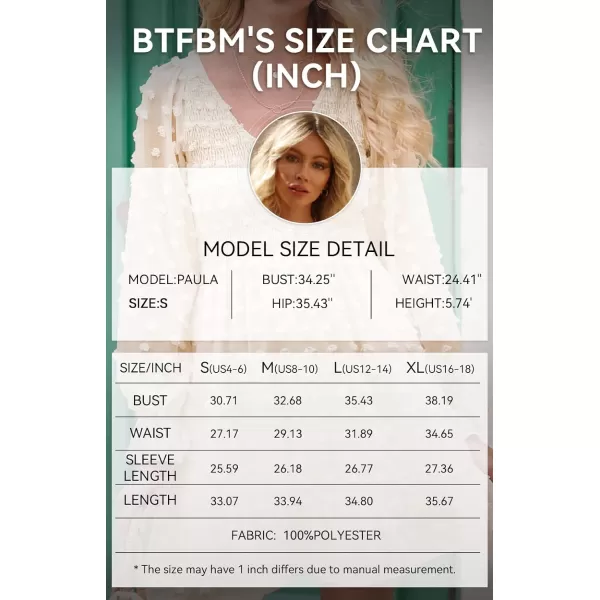 imageBTFBM Women Long Sleeve V Neck Smocked Short Dress Flowy Casual SwissDot Ruffle Mini Babydoll Summer Fall Dresses 2023Solid Apricot