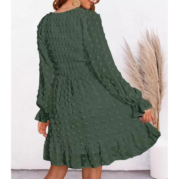 imageBTFBM Women Long Sleeve V Neck Smocked Short Dress Flowy Casual SwissDot Ruffle Mini Babydoll Summer Fall Dresses 2023Solid Army Green