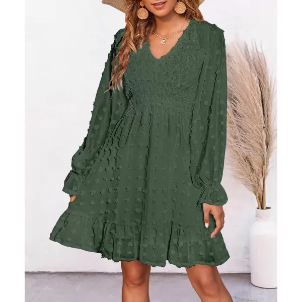 imageBTFBM Women Long Sleeve V Neck Smocked Short Dress Flowy Casual SwissDot Ruffle Mini Babydoll Summer Fall Dresses 2023Solid Army Green