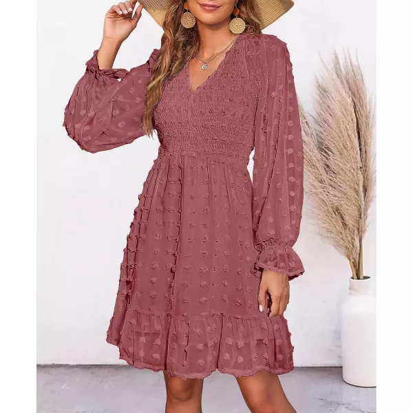 imageBTFBM Women Long Sleeve V Neck Smocked Short Dress Flowy Casual SwissDot Ruffle Mini Babydoll Summer Fall Dresses 2023Solid Bean Paste Red