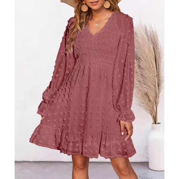imageBTFBM Women Long Sleeve V Neck Smocked Short Dress Flowy Casual SwissDot Ruffle Mini Babydoll Summer Fall Dresses 2023Solid Bean Paste Red