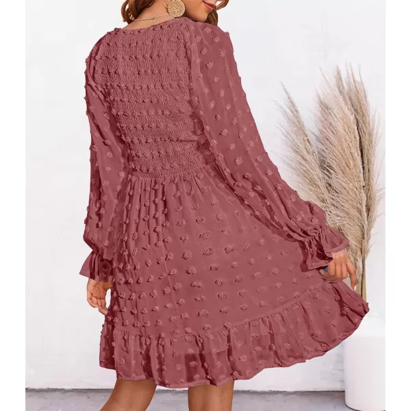 imageBTFBM Women Long Sleeve V Neck Smocked Short Dress Flowy Casual SwissDot Ruffle Mini Babydoll Summer Fall Dresses 2023Solid Bean Paste Red