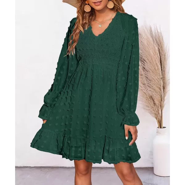 imageBTFBM Women Long Sleeve V Neck Smocked Short Dress Flowy Casual SwissDot Ruffle Mini Babydoll Summer Fall Dresses 2023Solid Dark Green